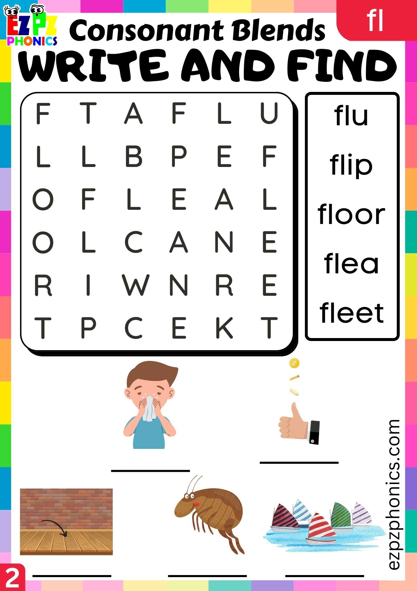 Group2 FL Words Write And Find Phonics Consonant Blends Worksheet